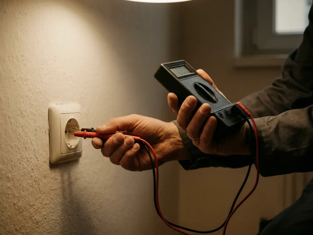 Hände mit Messgerät beim Prüfen einer Steckdose an verputzter Wand