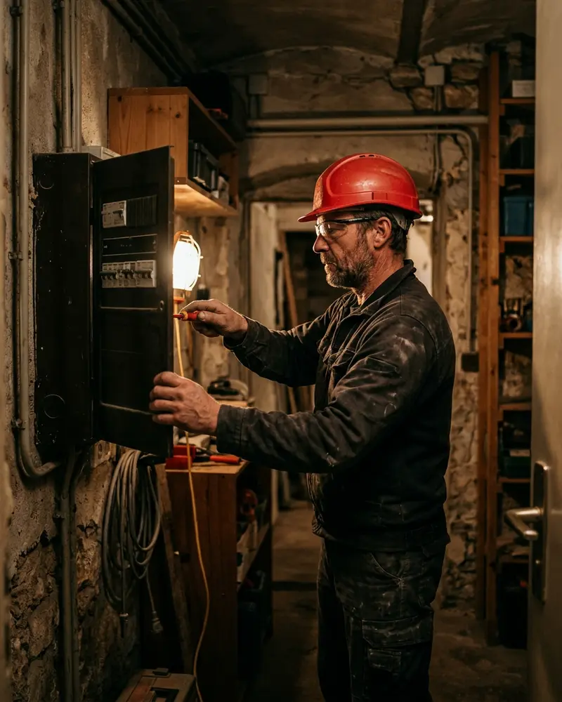 Elektriker mit rotem Helm öffnet einen Wandverteiler im Keller eines Hauses