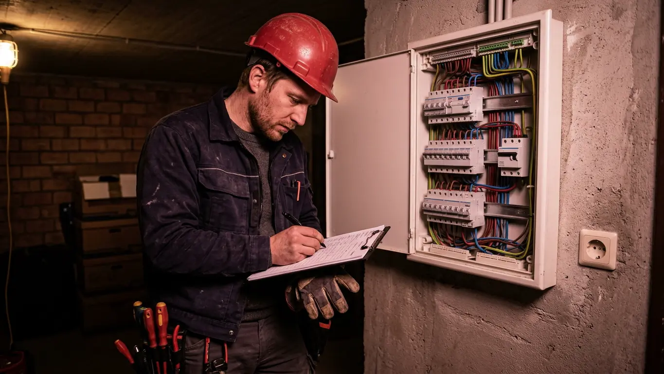 Elektriker mit rotem Schutzhelm trägt Messwerte in ein Protokoll neben einem geöffneten Verteiler ein