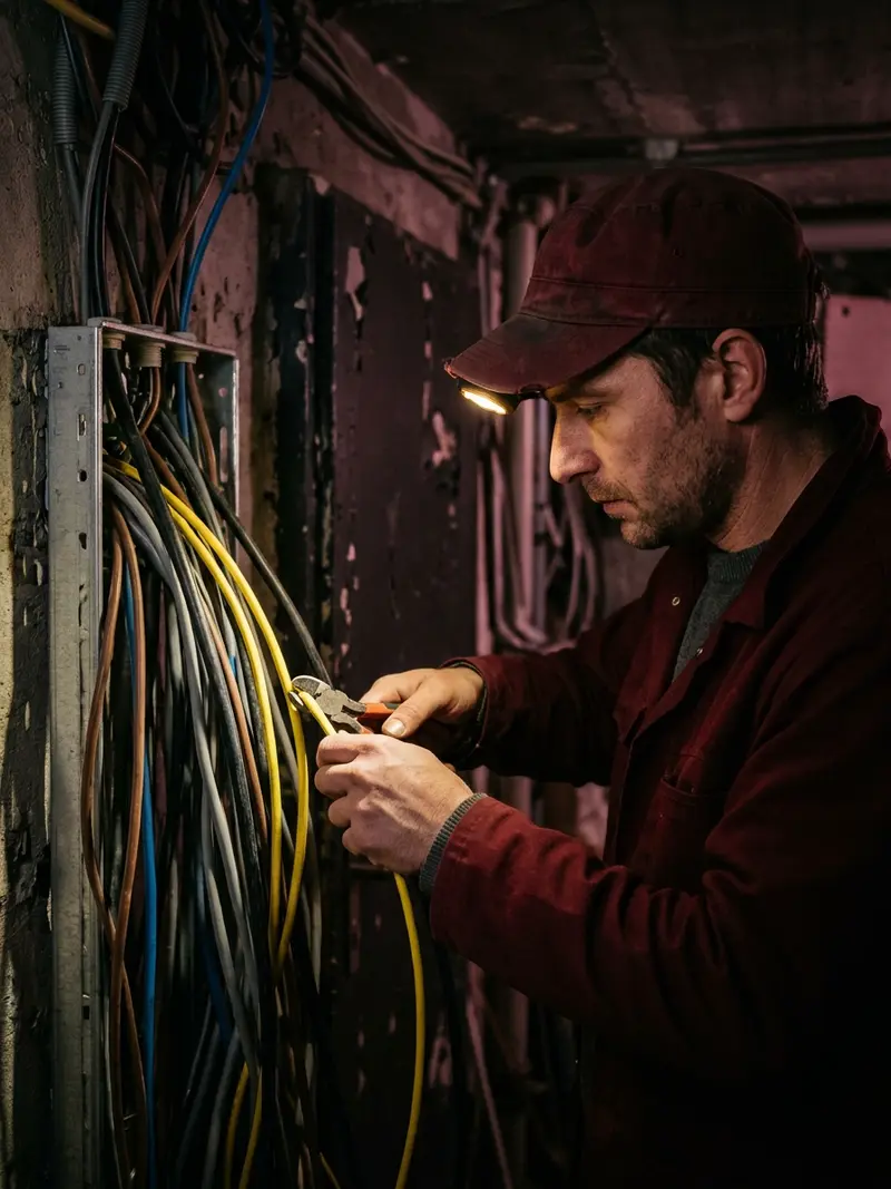 Elektriker im Profil mit roter Kappe bei der Arbeit an gebündelten Kabeln