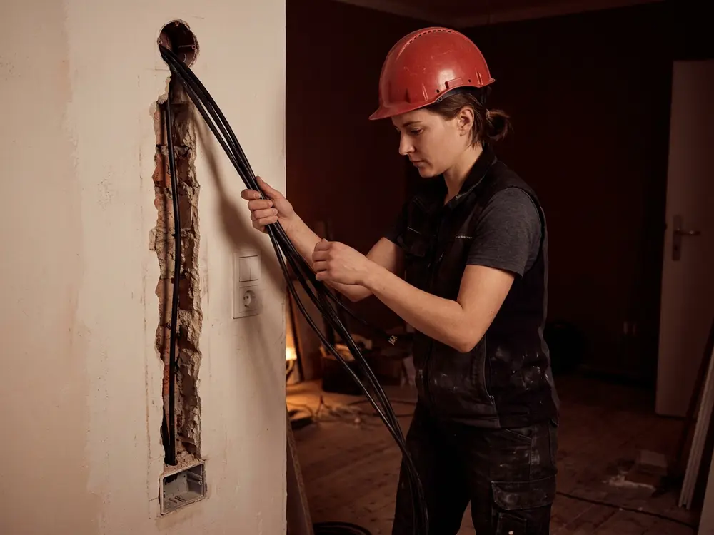 Elektrikerin zieht Kabel durch einen Wandschlitz in einer sanierten Wohnung