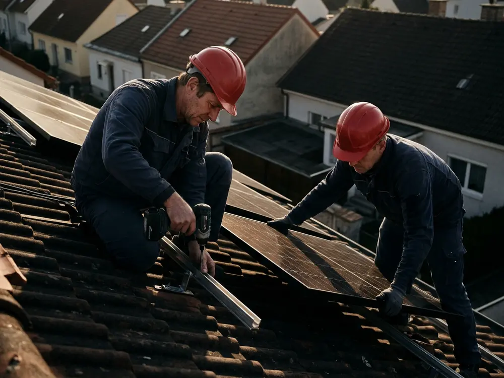 Zwei Monteure in roten Helmen montieren Solarmodule auf einem Ziegeldach