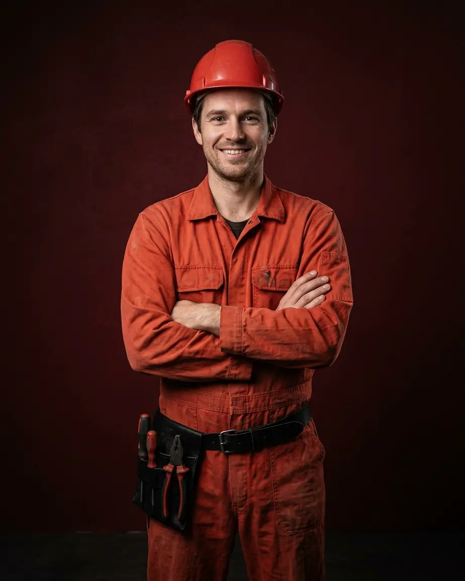 Elektriker Pitten – Fachmann in roter Arbeitskleidung und Schutzhelm mit verschränkten Armen