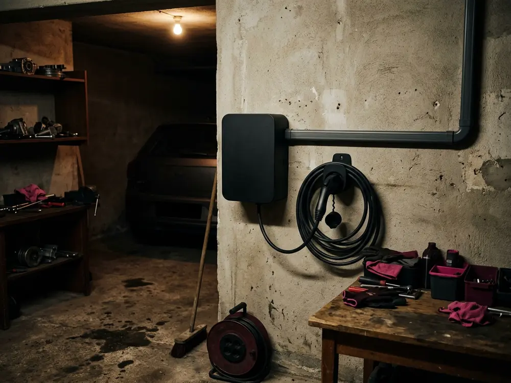 Garagenwand mit sauber montierter schwarzer Wallbox und Kabelrohr