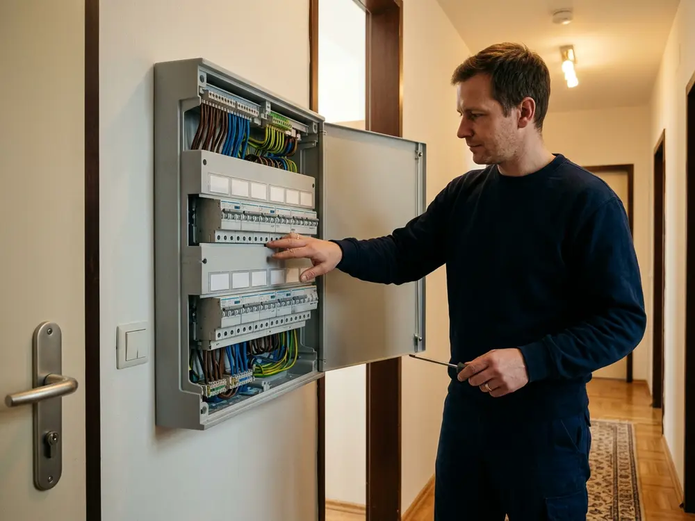 Elektriker an einem neuen, aufgeräumten Verteiler mit Schutzschaltern im Flur