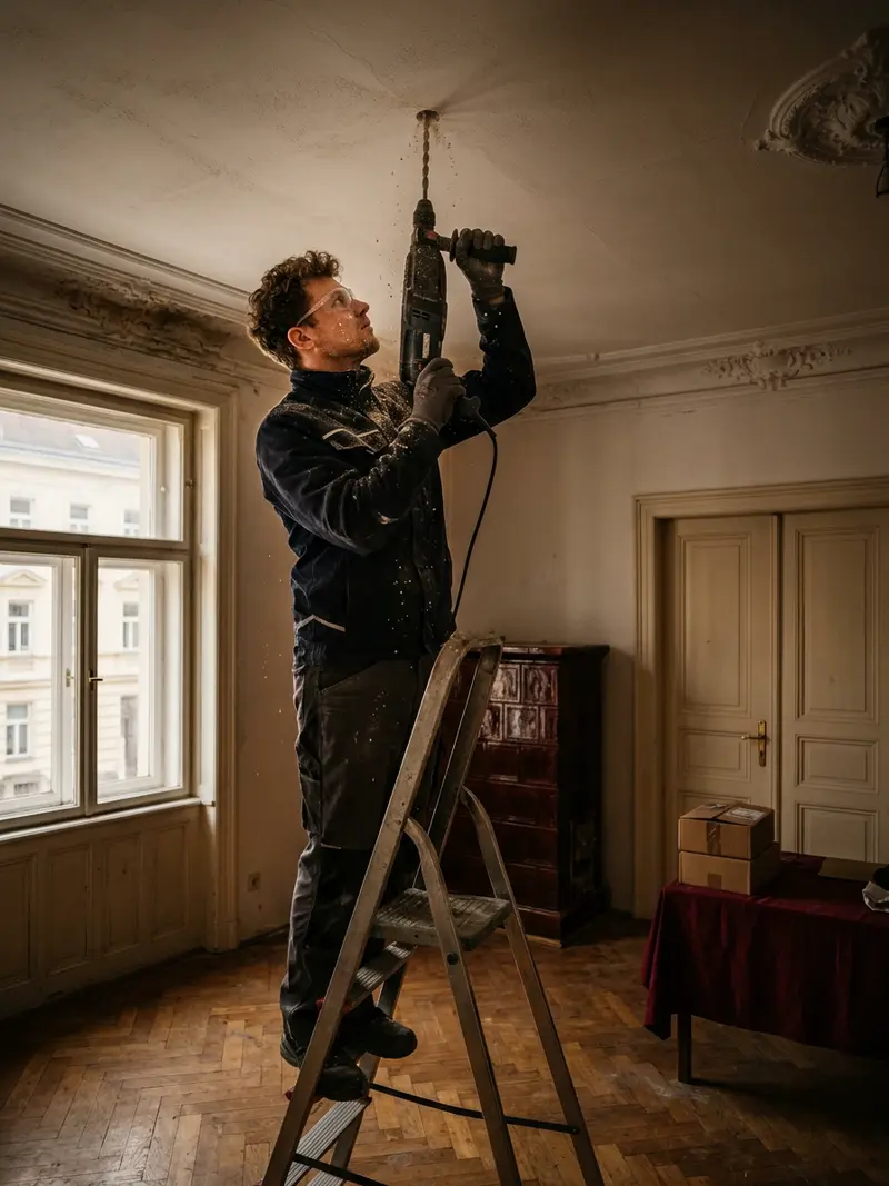 Elektriker bohrt in einer hohen Altbauwohnung die Decke an, Putzstaub im Fensterlicht