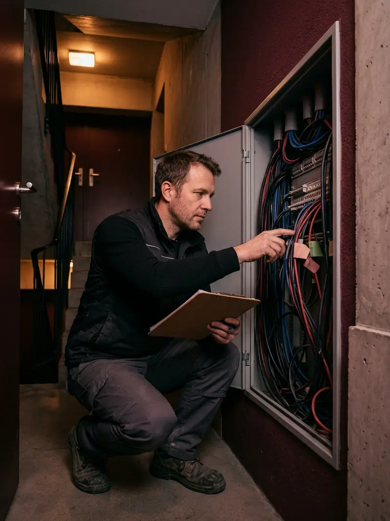 Elektriker mit Klemmbrett prüft Steigleitungen im Verteilerschrank eines Stiegenhauses