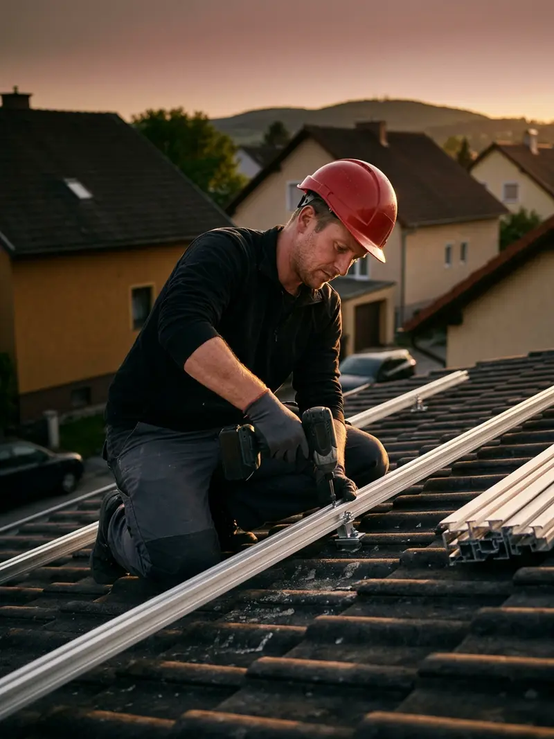 Monteur mit rotem Schutzhelm befestigt Solarmodul-Schienen auf einem Schrägdach