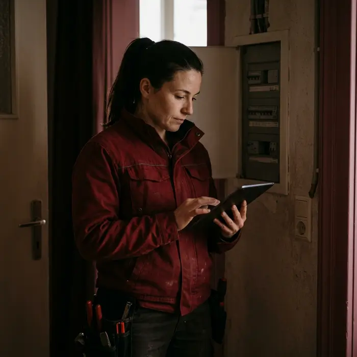 Jana Fuchs, Projektleiterin in roter Arbeitsjacke mit Tablet