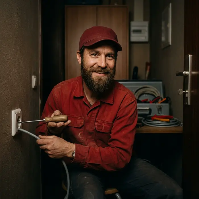 Markus Steiner, Elektrotechniker mit Bart in roter Kappe und rotem Arbeitshemd
