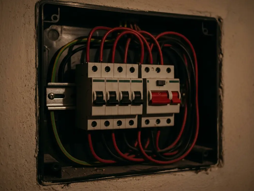 Reihe von Schutzschaltern und FI-Schalter im geöffneten Sicherungskasten