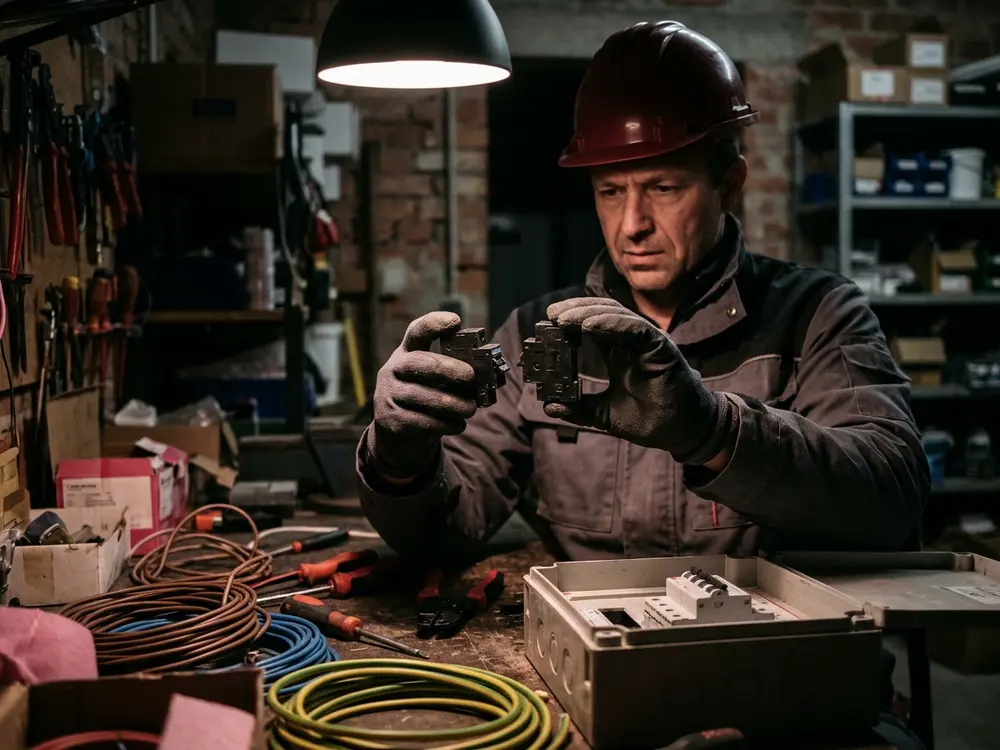 Elektriker mit Schutzhelm vergleicht zwei Leitungsschutzschalter auf der Werkbank