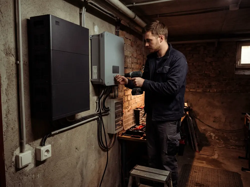 Elektriker montiert einen grauen Wechselrichter neben einem Batteriespeicher im Keller