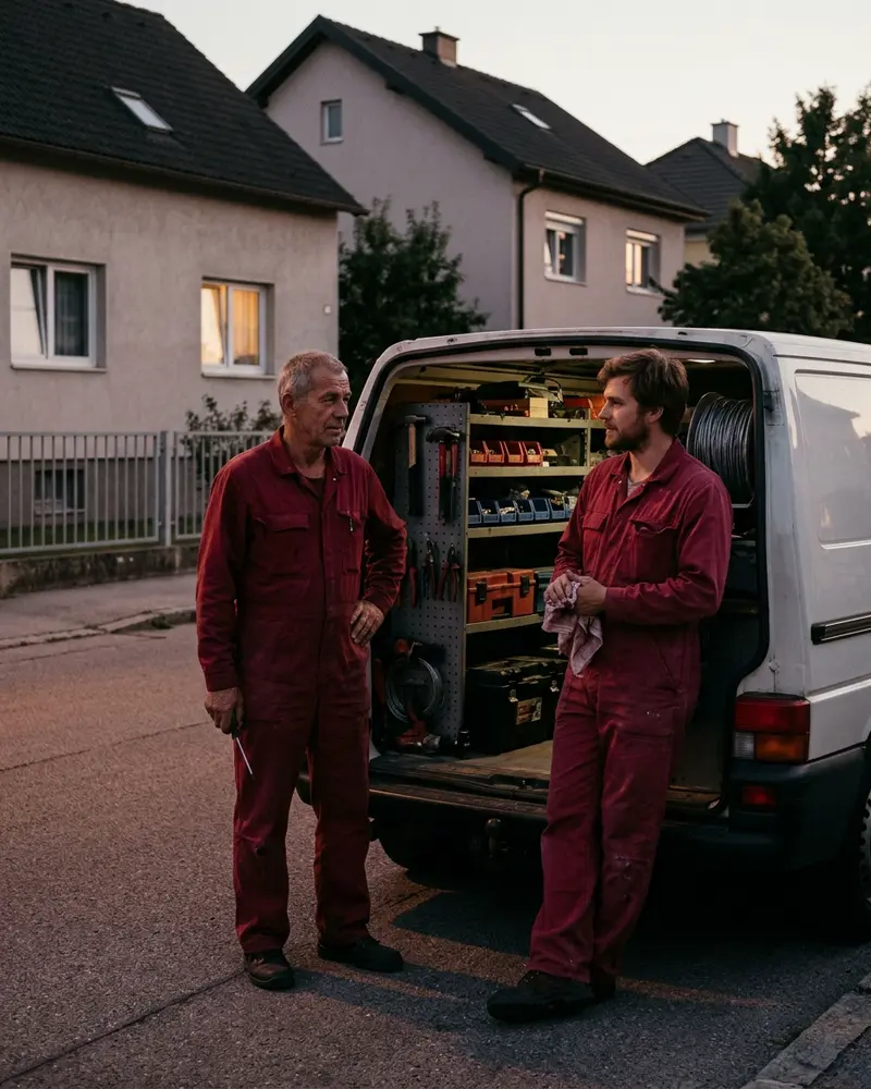 Elektriker für Pitten: zwei Fachleute in roten Arbeitsoveralls vor einem Werkstattwagen mit geöffneten Türen am Abend